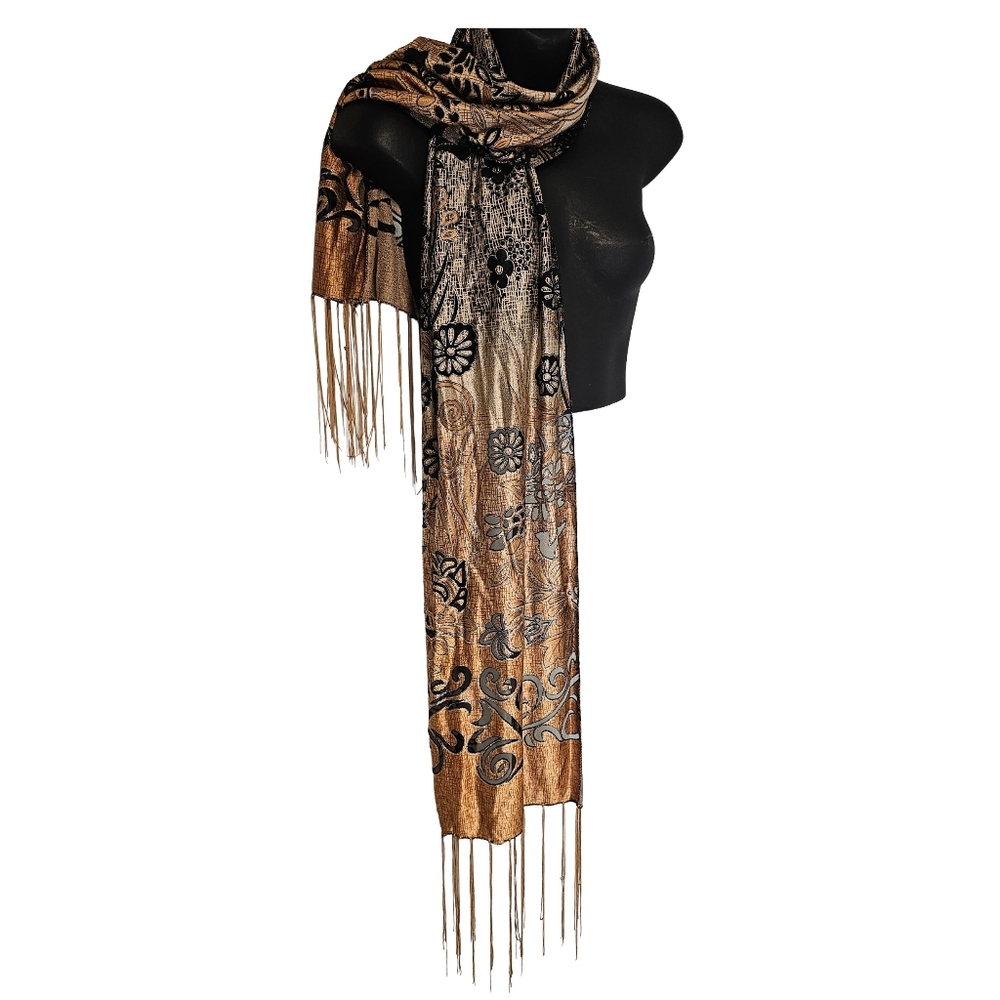 Silky Floral Hollow Out Black Brown Fringed Scarf Wrap Metallic Silver